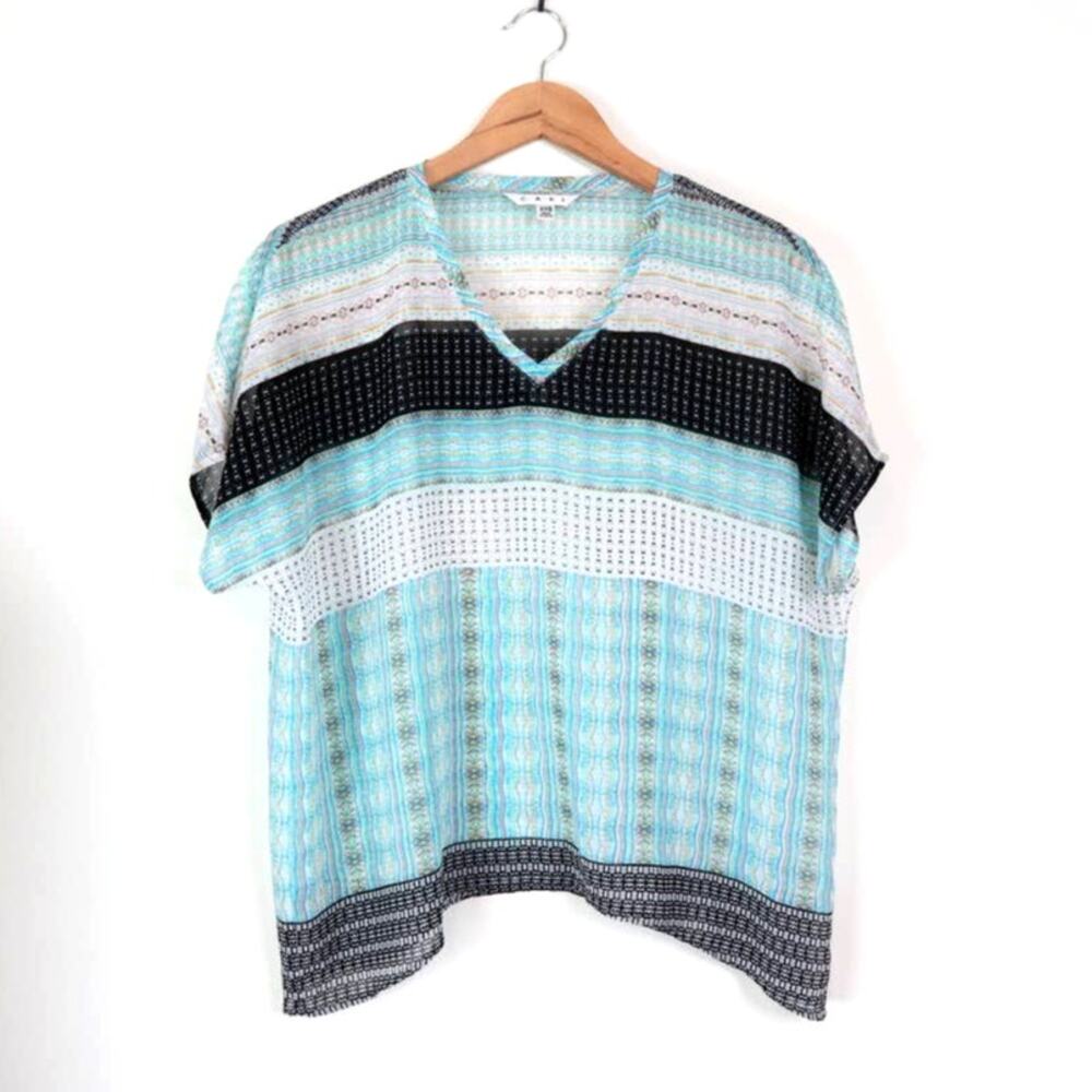 Cabi Size XXS Oversize Sheer Blouse 328 Short Sleeve Stripe Aqua Blue